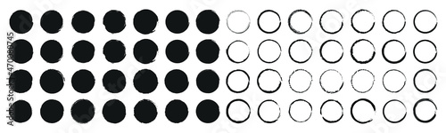 Set of circle brushes elements. Different circle brush strokes. Grunge round shapes. Boxes, frames for text, labels, logo, grunge. Vector illustration