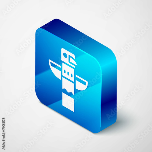 Isometric Canadian totem pole icon isolated on grey background. Blue square button. Vector