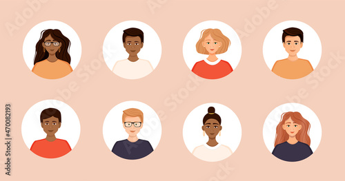 Set of diverse avatars of business team people. Collection of portraits of men and women in a round frame. Vector illustration of faces.