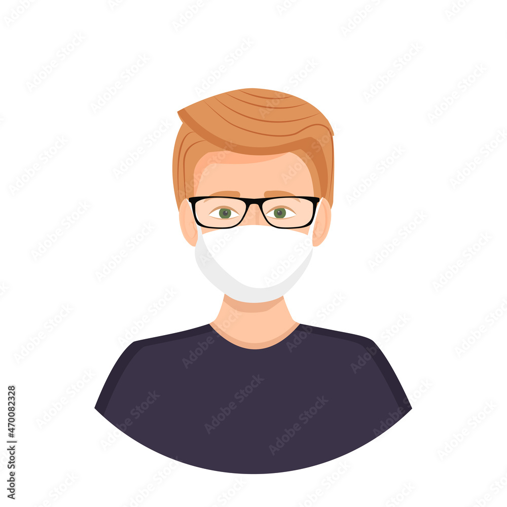 Avatar of a blond man wearing glasses and a mask to protect against coronavirus, flu, air pollution, viruses and disease. Portrait of a young guy. Vector illustration of a face.