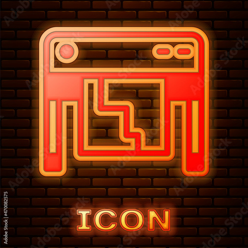 Glowing neon Plotter icon isolated on brick wall background. Large format multifunction printer. Polygraphy, printshop service. Vector