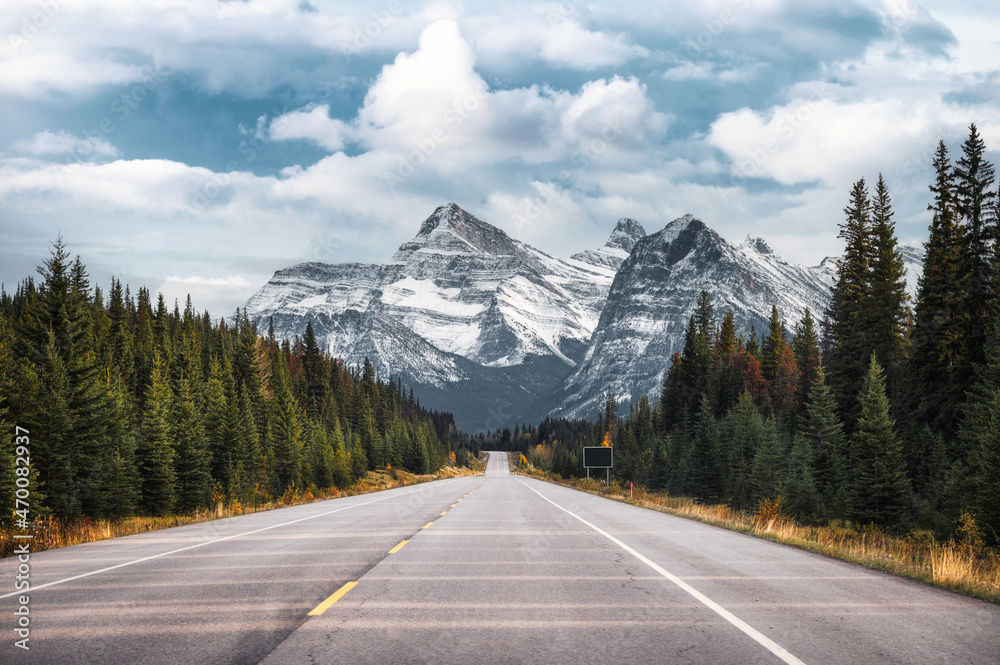 Road trip and canadian rockies on highway in national park at Icefields Parkway