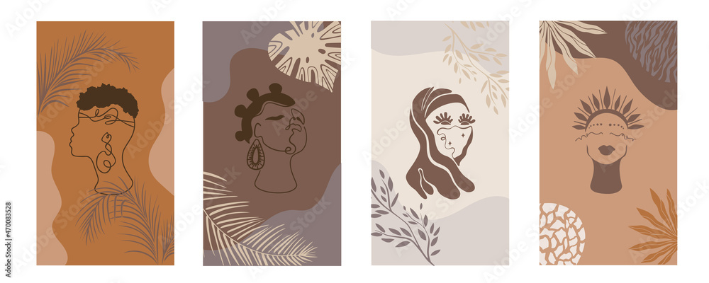 african background.Vector Set of posters with afro woman in minimalistic style.
Plants, abstract shapes and landscape.Collection of contemporary art.tribal boho braid  hairstyle