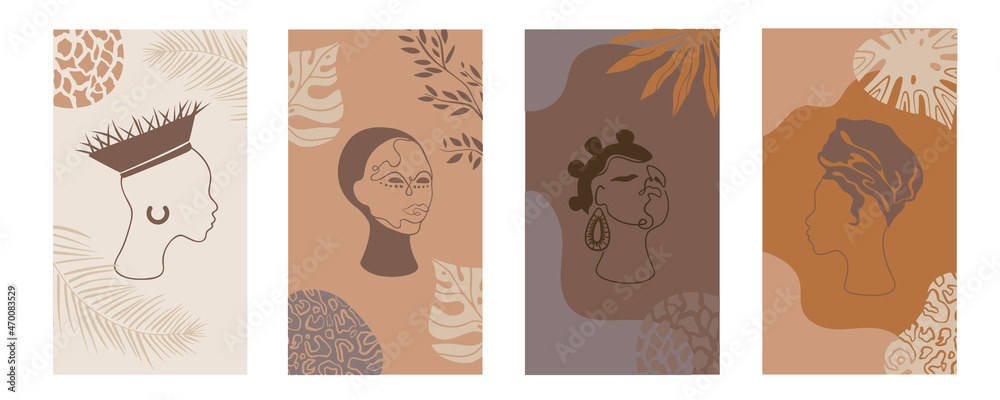 african background.Vector Set of posters with afro woman in minimalistic style.
Plants, abstract shapes and landscape.Collection of contemporary art.tribal boho.palm tree.
