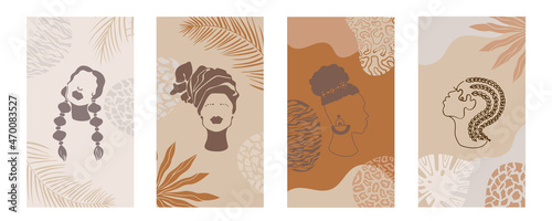 african background.Vector Set of abstract decor posters with afro woman in minimalistic style.Plants, abstract shapes and landscape. Collection of contemporary art.tribal boho