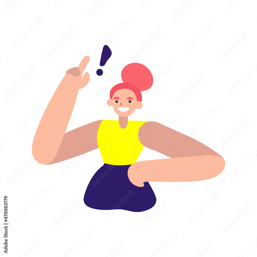 Happy young girl character raises her finger up. Woman got an idea and she attracts attention. Female character found a solution to her problem. Flat cartoon vector illustration Happy young girl character raises her finger up. Woman got an idea and she attracts attention. Female character found a solution to her problem. Flat cartoon vector illustration