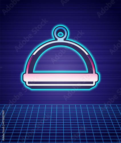 Retro style Covered with a tray of food icon isolated futuristic landscape background. Tray and lid sign. Restaurant cloche with lid. Kitchenware symbol. 80s fashion party. Vector