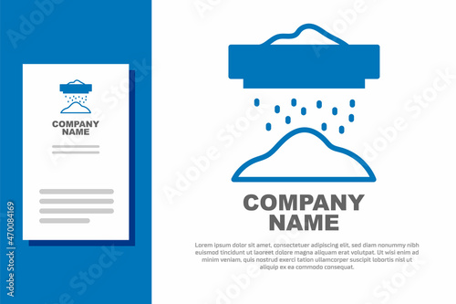 Blue Sifting flour, cereals or powdered sugar through sieve icon isolated on white background. Logo design template element. Vector