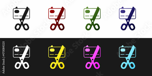 Set Scissors cutting a credit card icon isolated on black and white background. Online payment. Cash withdrawal. Financial operations. Shopping sign. Vector