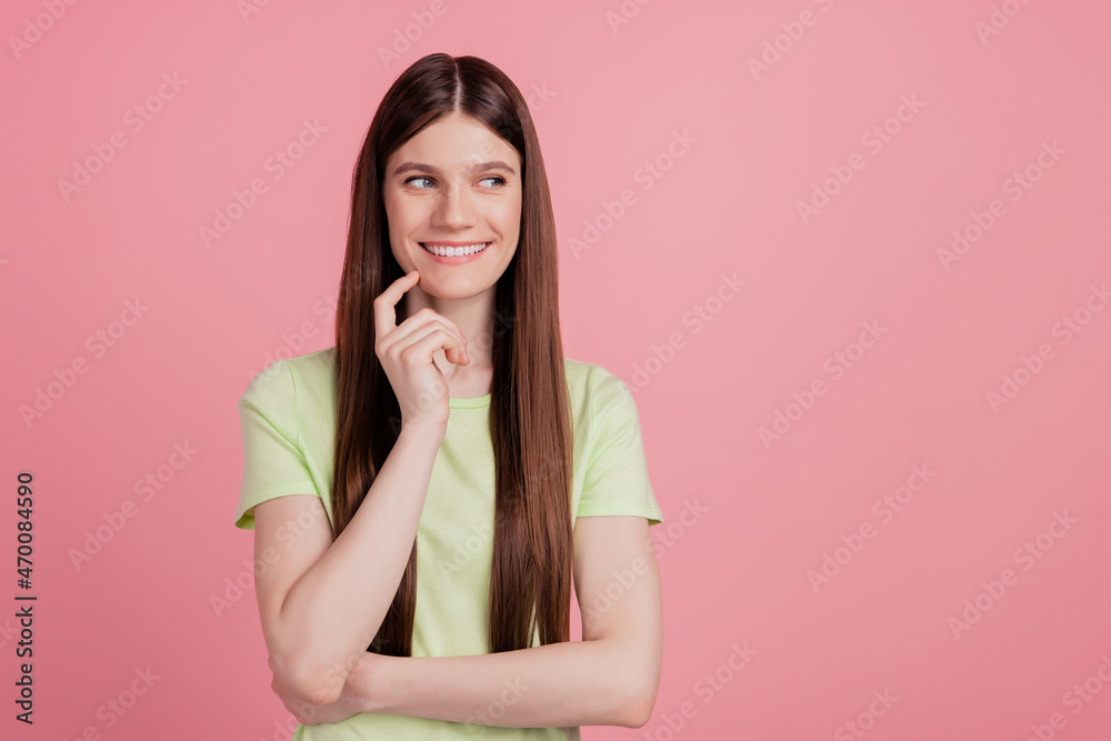 Portrait of positive minded girl look copyspace touch chin finger think thoughts isolated over pastel color background Portrait of positive minded girl look copyspace touch chin finger think thoughts isolated over pastel color background
