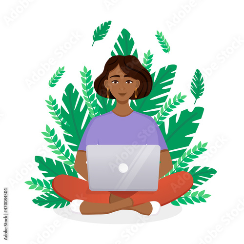 Woman works at the laptop computer on background of plants. Flat vector illustration of freelance, work at home, work, office, education. Remote work and communication in social networks