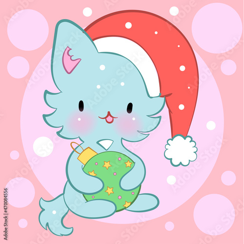 Seamless ornament with cute kittens in kawaii style. Vector pattern. Merry Christmas cats.