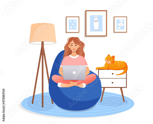 Woman is sitting on a bean bag chair at home at a laptop computer. Remote work, office at home, programming, freelance. Study at home in quarantine. Vector illustration. Cozy interior with a cat.