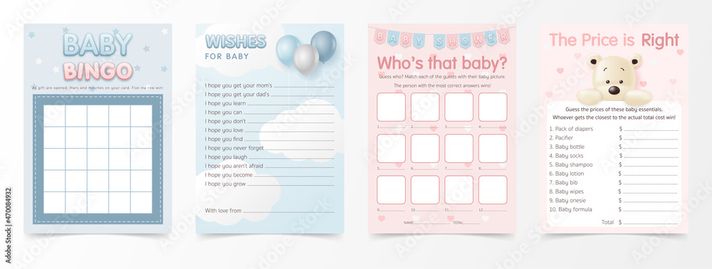 Fun and quick baby shower games. Bingo, Wishes for baby, Who’s that baby? and The price is right. Printable template cards, hand lettering. Collection of baby vector elements. - obrazy, fototapety, plakaty 