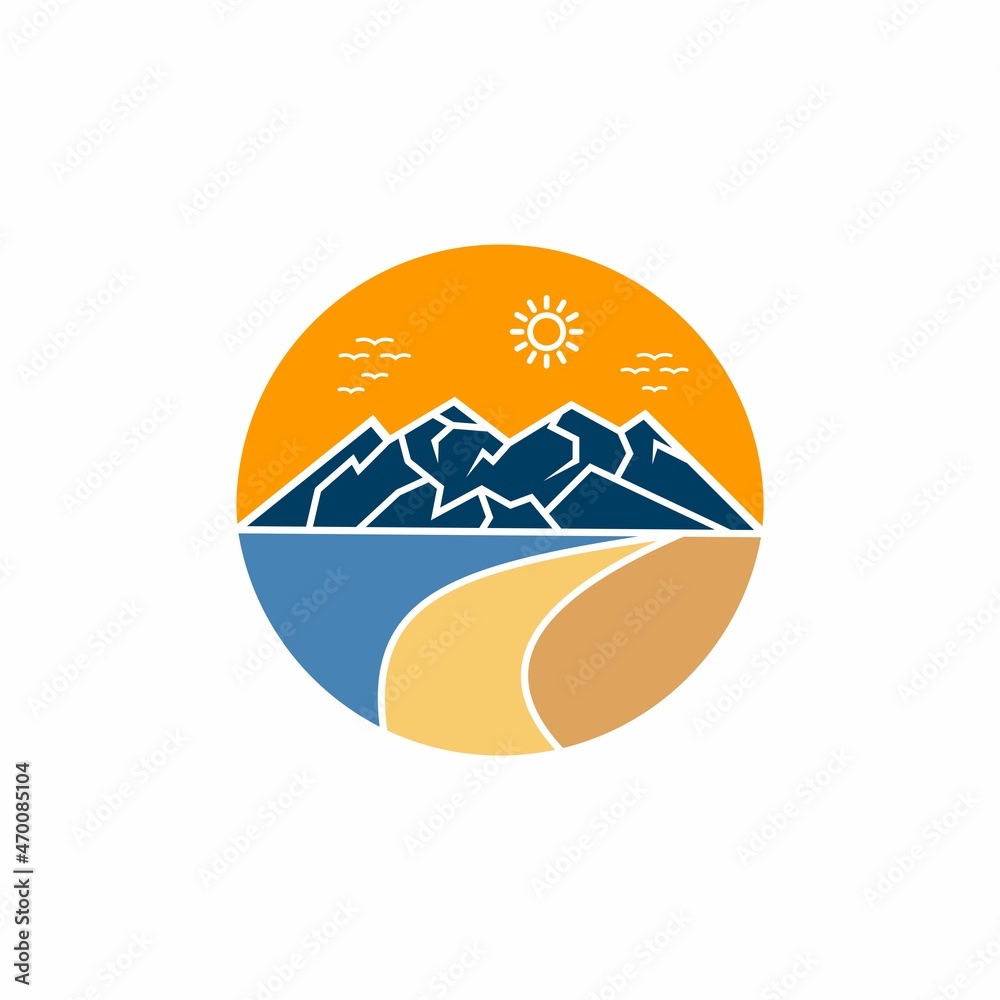 Mountain and Beach Logo Design Illustration. With a View of The Sunset and Birds Flying. Simple Vector Badge Design Mountain and Beach Logo Design Illustration. With a View of The Sunset and Birds Flying. Simple Vector Badge Design