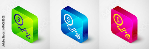Isometric Dollar rate decrease icon isolated on grey background. Cost reduction. Money symbol with down arrow. Business lost crisis decrease. Square button. Vector