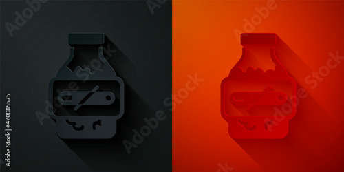 Paper cut Nicotine gum in blister pack icon isolated on black and red background. Helps calm cravings and reduces anxiety caused by quitting smoking. Paper art style. Vector