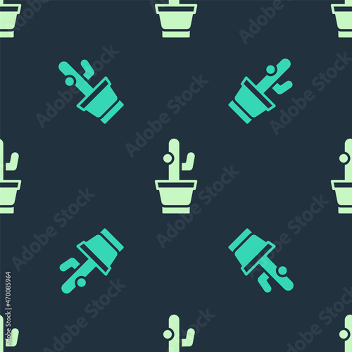 Green and beige Cactus and succulent in pot icon isolated seamless pattern on blue background. Plant growing in a pot. Potted plant sign. Vector