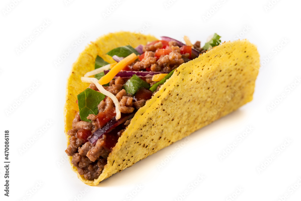 Traditional Mexican tacos with meat and vegetables isolated on white background - obrazy, fototapety, plakaty 