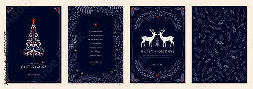 Luxury Corporate Holiday cards with Christmas tree and reindeers, birds, ornate floral frames, background and copy space. Universal artistic templates.