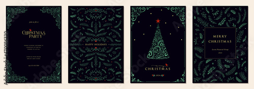 Luxury Corporate Holiday cards with Christmas tree, birds, ornate floral frames, background and copy space. Universal artistic templates.