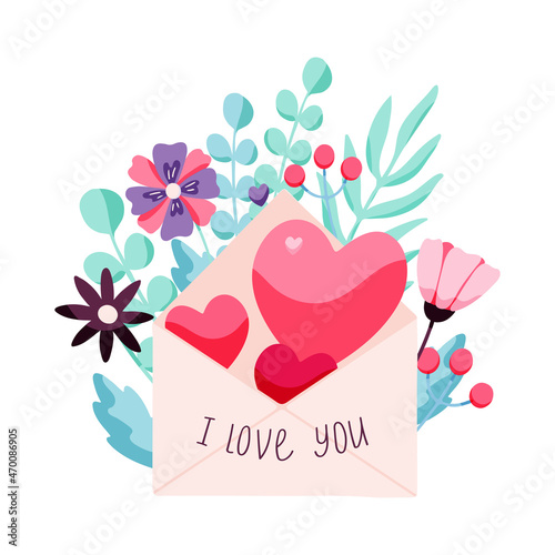 Hand drawn envelope with hearts on a floral background. Vector illustration for Valentine's Day. Love message