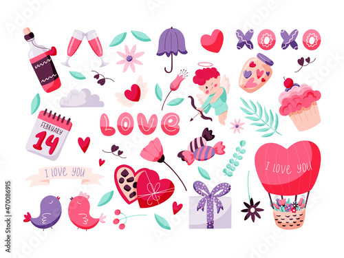 Valentine's Day set of hand drawn elements for romantic design. Bright vector illustration.