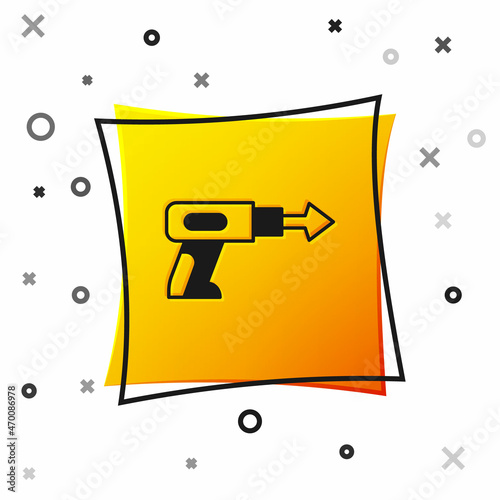 Black Fishing harpoon icon isolated on white background. Fishery manufacturers for catching fish under water. Diving underwater equipment. Yellow square button. Vector