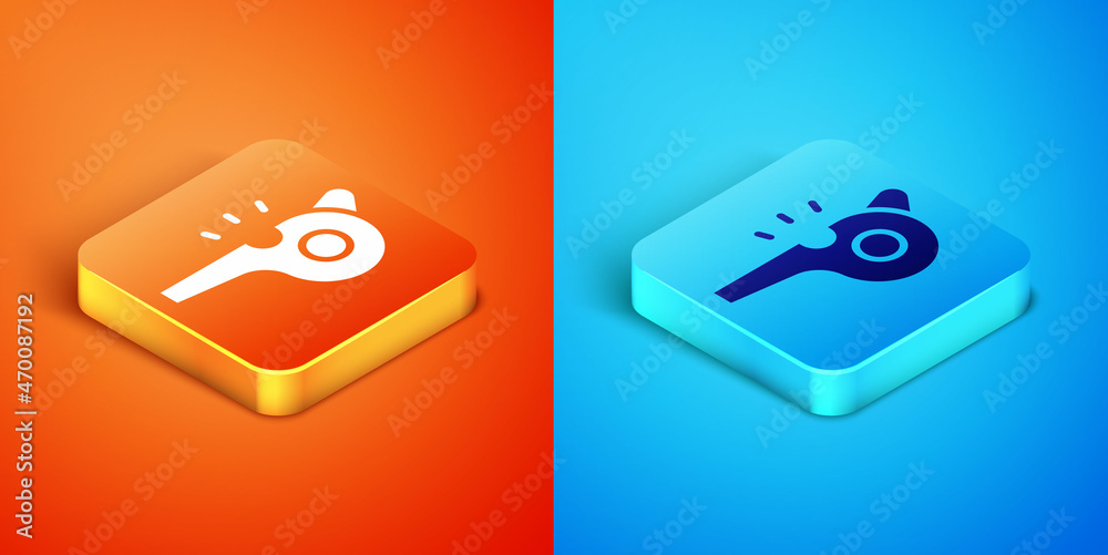 Isometric Whistle icon isolated on orange and blue background. Referee symbol. Fitness and sport sign. Vector Isometric Whistle icon isolated on orange and blue background. Referee symbol. Fitness and sport sign. Vector