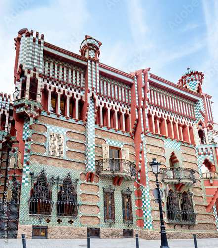 Facade of Casa Vicens in Barcelona. It is the first masterpiece of Antoni Gaudí. Built between 1883 and 1885 as a summer house for the Vicens family