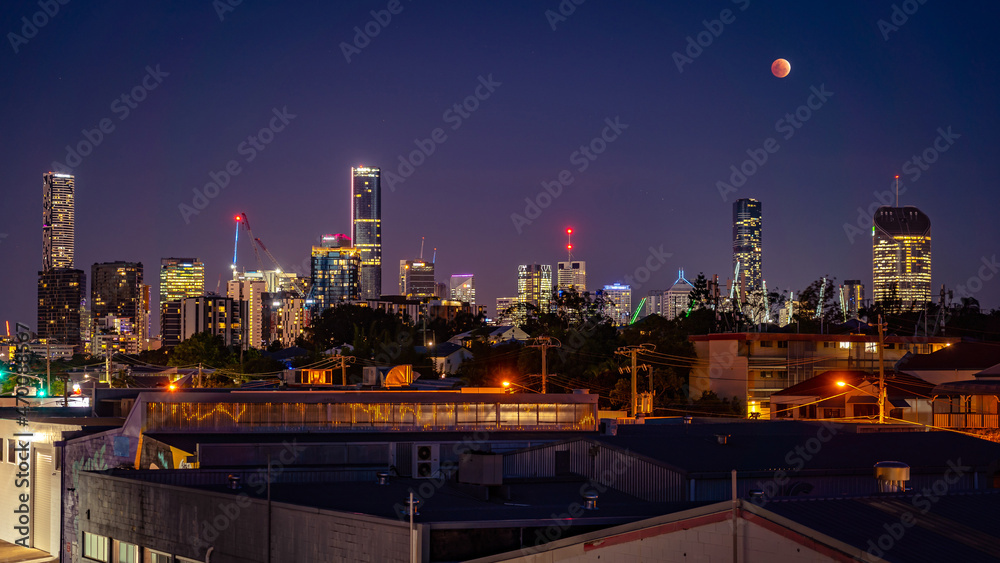 Blood moon over the city in Brisbane, Queensland, Australia