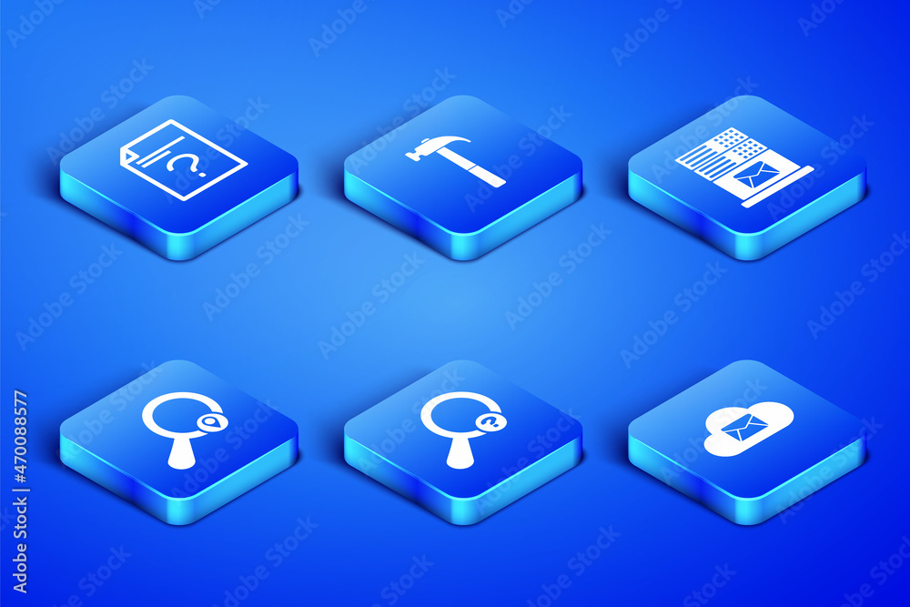 Set Cloud mail server, Unknown document, search, Search location, Hammer and Mail icon. Vector