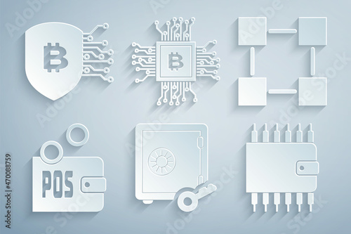 Set Proof of stake, Blockchain technology, , Cryptocurrency wallet, CPU mining farm and Shield with bitcoin icon. Vector