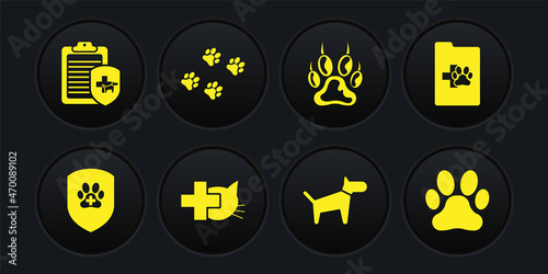 Set Animal health insurance, Clinical record pet, Veterinary clinic, Dog, Paw print and icon. Vector