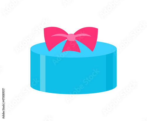 Round shaped blue box with bow, made of pink ribbon, box with decoration, shopping container for presents, package vector illustration isolated on white