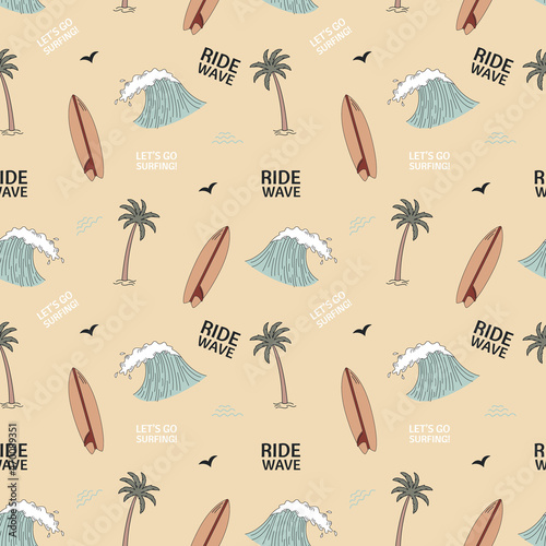 Seamless pattern with palm trees, surfboard and waves. Retro hand-drawn vector.