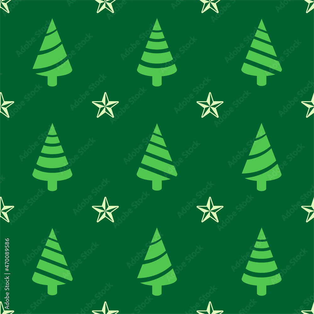 Obraz premium Christmas seamless pattern. Green colored christmas tree icons and stars on dark green background. Christmas texture