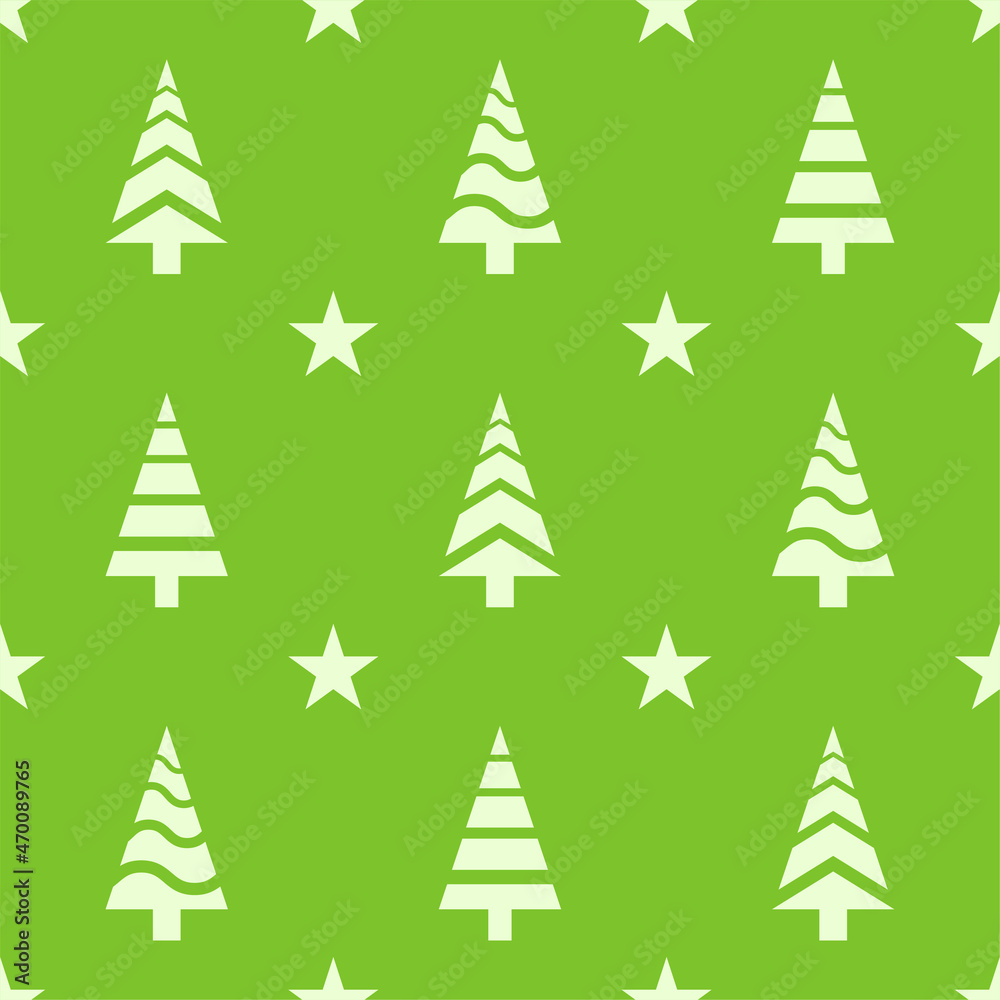Fototapeta premium Christmas seamless pattern. White colored christmas tree icons and stars on green background. Christmas texture