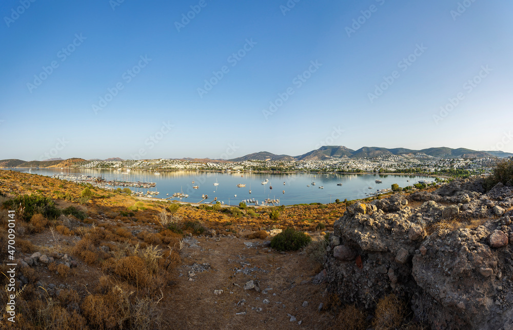 Landscape photo with a view of the bay of the city of Gumbet near Bodrum, Turkey.