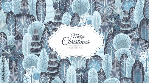 Abstract background with winter forest. Trees, bushes, snow. Trendy hand drawn textures.