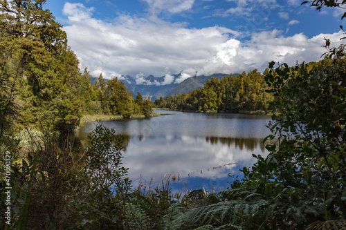 Scenic view of Lake Matheson in New Zealand in summertime