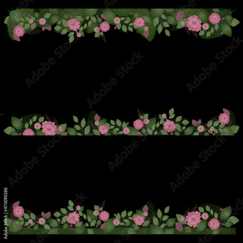 Flower wreath with roses - frame for decor. 3 options floral border