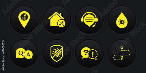 Set Question and Answer, Dirty water drop, Stop virus, bacteria, Exclamation, Headphones with speech bubble chat, House service, Route location and Location icon. Vector