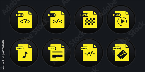 Set MP3 file document, GIF, TXT, PNG, XSL, MSG and PHP icon. Vector