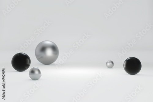 Blank white gradient background with product display. Empty white studio room floor with silver and black metallic spheres and bokeh. 3D rendering