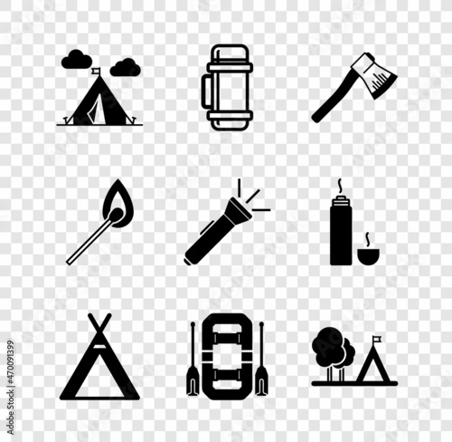Set Tourist tent with flag, Thermos container, Wooden axe, Rafting boat, Burning match fire and Flashlight icon. Vector