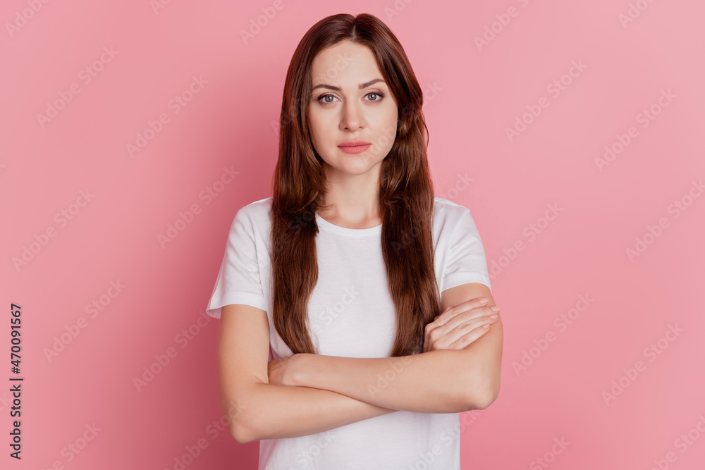 Portrait of successful confident girl crossed hands look camera on pink background Portrait of successful confident girl crossed hands look camera on pink background