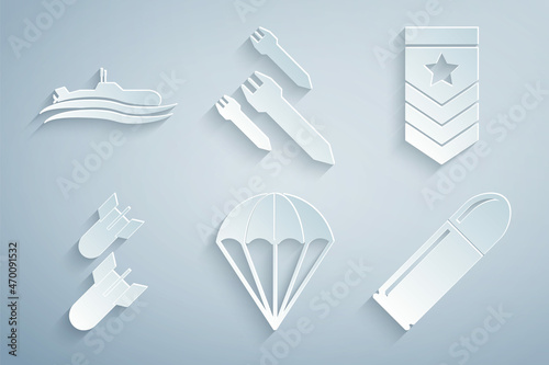 Set Parachute, Chevron, Aviation bomb, Bullet, Rocket and Submarine icon. Vector