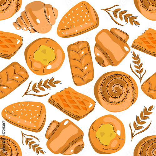 Seamless pattern of hand drawn bakery products, buns, pastry, croissants and wheat germ. 