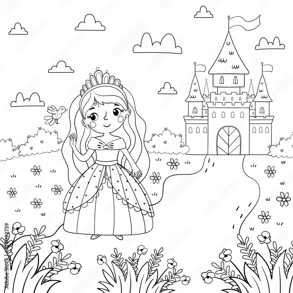 page of coloring book a girl and a princess on the background of a magic castle design for kids.
